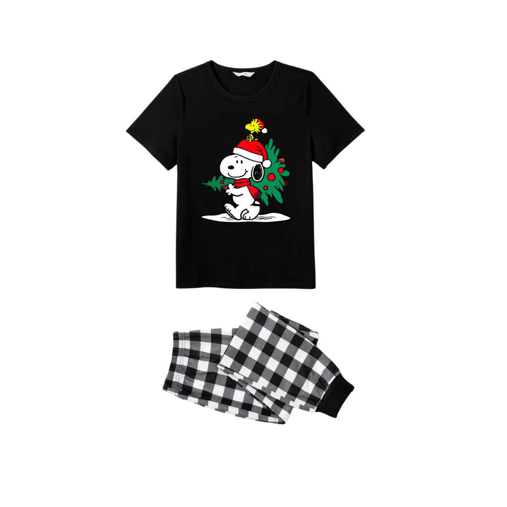 Family Christmas Tree Scene Pajamas Set - Black Top Black and White Plaid Pants Holiday Friends Graphic