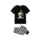 Family Christmas Tree Scene Pajamas Set - Black Top Black and White Plaid Pants Holiday Friends Graphic