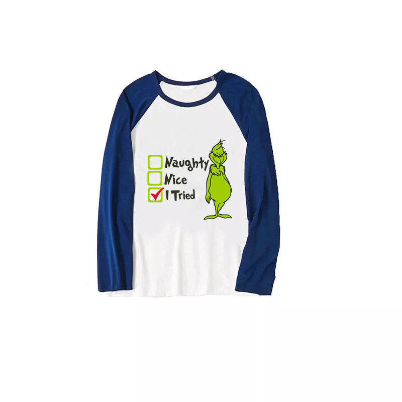 Christmas "Naughty&Nice& I Tried" Letter Print Patterned Casual Long Sleeve Sweatshirts Blue Sleeve Contrast Tops and Blue Plaid Pants Family Matching Pajamas Sets With Pet Bandana