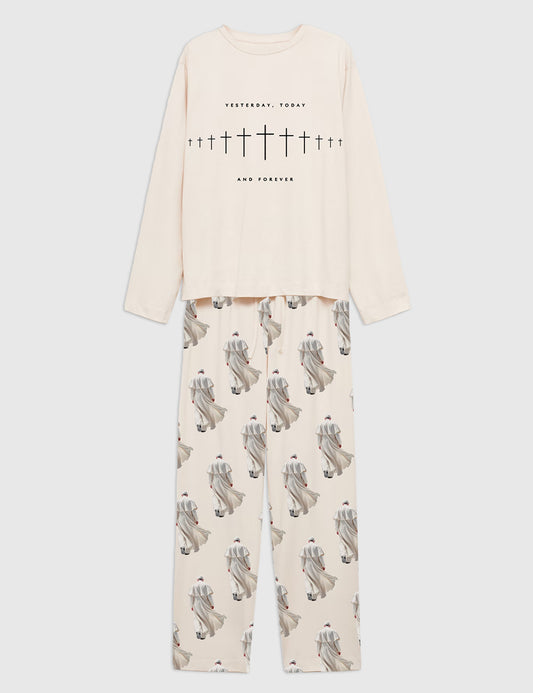 Women's Floral Glitter Amen Jesus Christian Pope Francis Long Sleeve Pajama Set