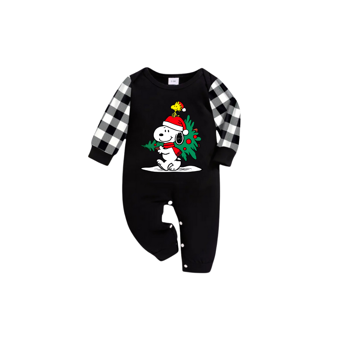 Family Christmas Tree Scene Pajamas Set - Black Top Black and White Plaid Pants Holiday Friends Graphic