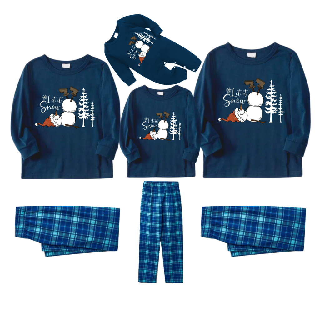 "Let it Snow" Slogan and Snowman Printed Blue Plaid Christmas Family Matching Pajamas
