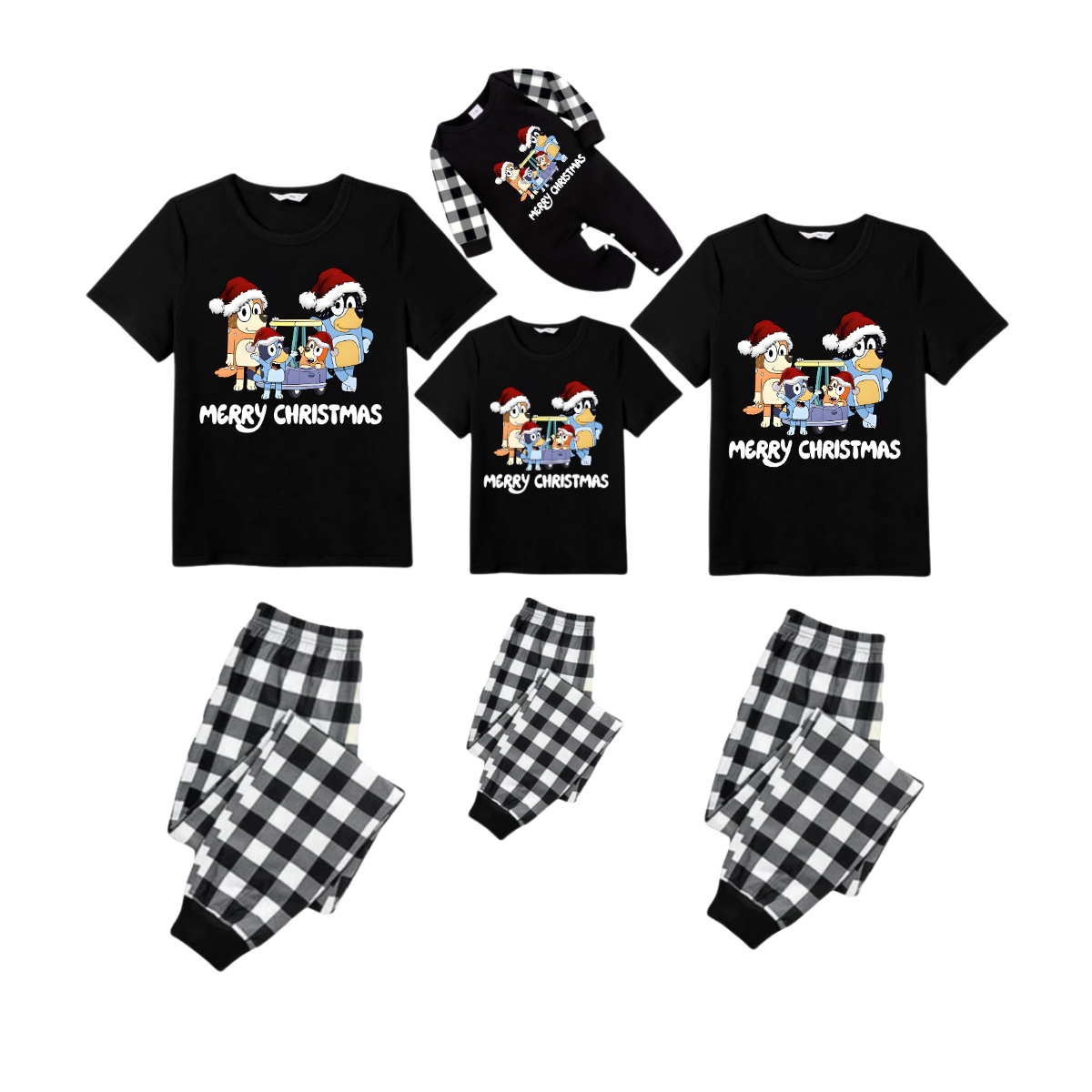 Making Memories Together Family Christmas 2025 Pajamas Set - Black Top Black and White Plaid Pants White Text Graphic