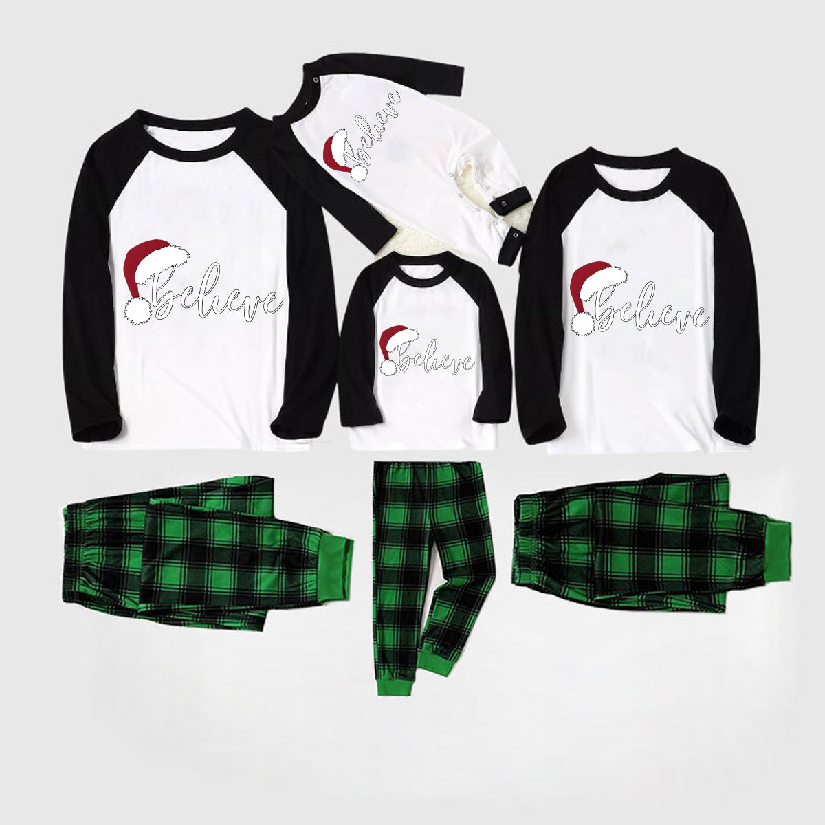 Christmas Hat and 'Believe“ Letter Print Patterned Black Sleeve Contrast Tops and and Black and Green Plaid Pants Family Matching Pajamas Sets With Dog Bandana