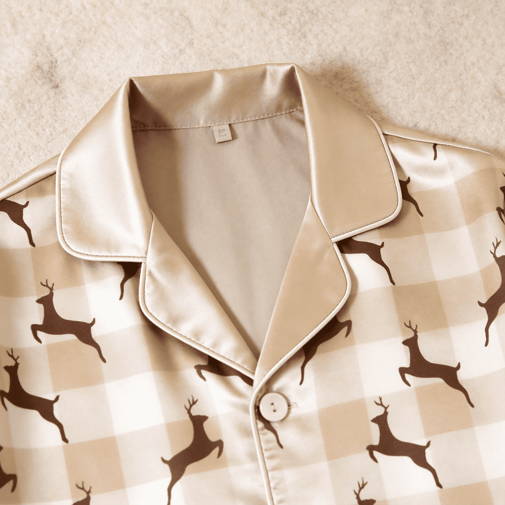 Reindeer Plaid Satin Matching Pajamas for Couples – Long Sleeve Button-Down Top & Pants Sleepwear Set
