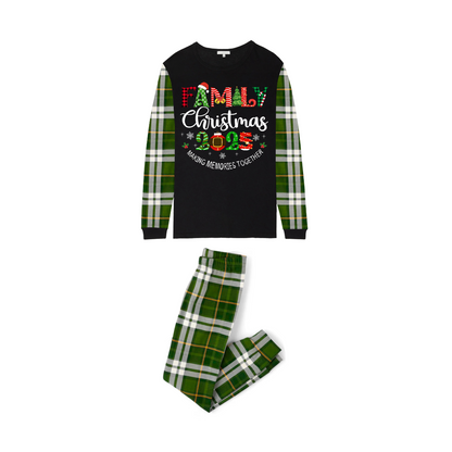 Family Christmas 2025 Making Memories Family Pajamas Set - Black Top, Green Pants, Green Plaid Sleeves