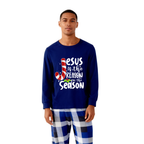 Christmas Jesus White Letter Prints Contrast Blue Long Sleeve with Blue and White Plaid Pants Family Matching Pajamas