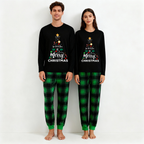 "We Wish You a Merry Christmas" Printed Black & Green Plaid Pants Family Matching Pajamas