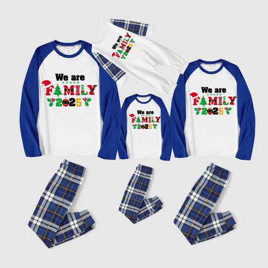 We Are Family 2025 Printed Blue White Plaid Contrast Sleeve Top And Plaid Pants Family Matching Christmas Pajamas Sets