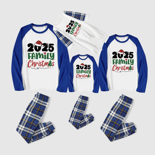 Merry Christmas 2025 Family Pajamas Set - White Top, Blue Plaid Pants, Solid Blue Sleeves, Santa Hat & Christmas Tree Print