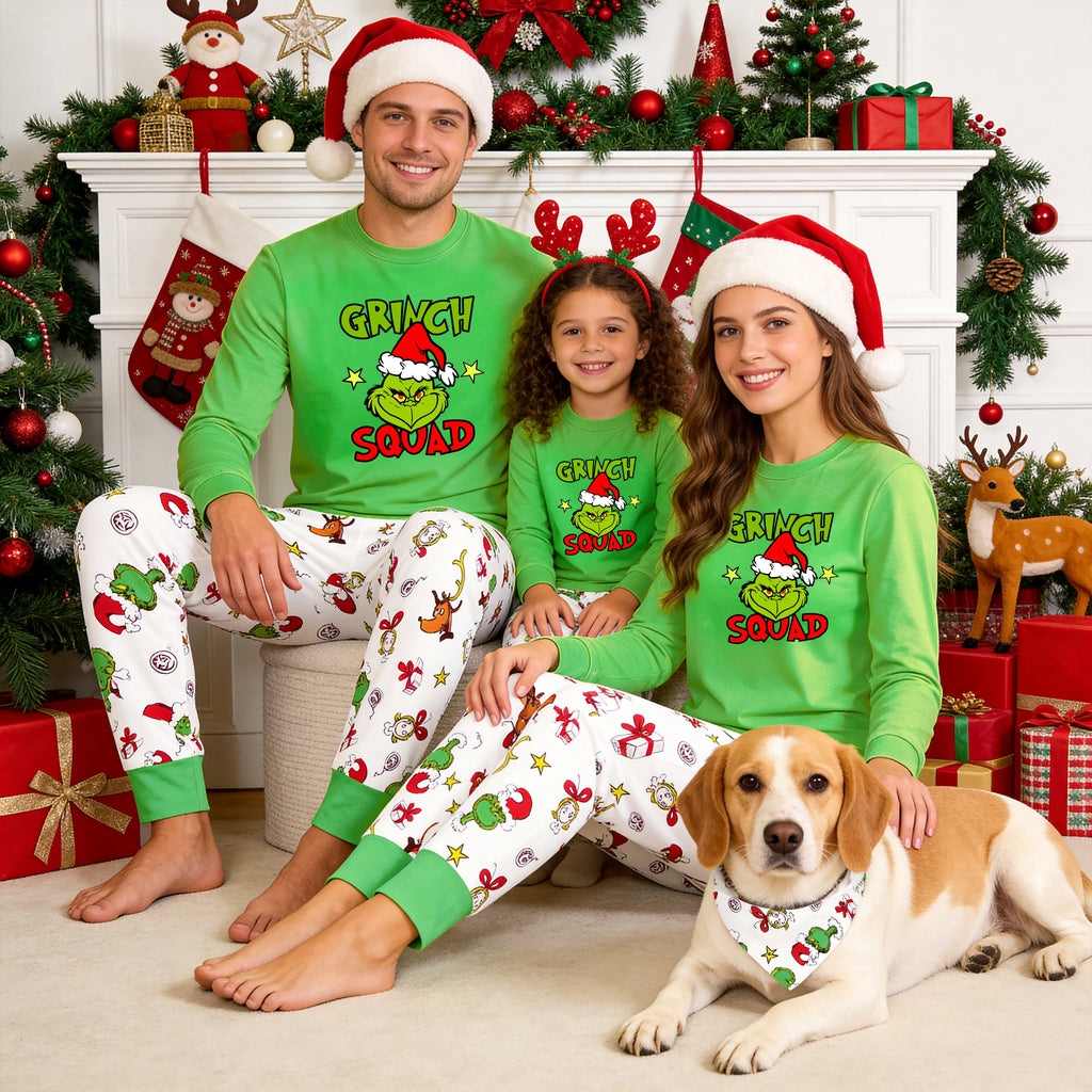 Grinch Squad Family Christmas Matching Pajamas Set with Santa Hat Graphic and Print Pants