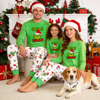 Grinch Squad Family Christmas Matching Pajamas Set with Santa Hat Graphic and Print Pants