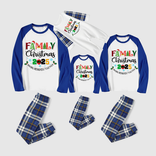 Christmas Gnomes Hanging with my Gnomies Family Pajamas Set - White Top, Blue Plaid Pants, Blue Sleeves, Gnome Print