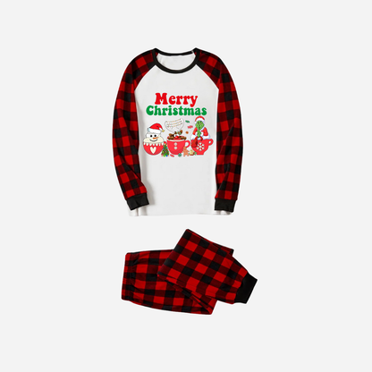 Red and Black Plaid Christmas Pajamas Set With "Merry Christmas" and Cartoon Pattern Print