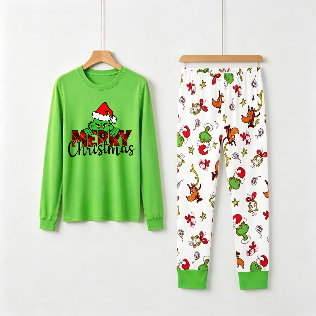 Holiday Family Matching Pajamas - Grinch Peeking Merry Christmas Plaid Graphic PJs
