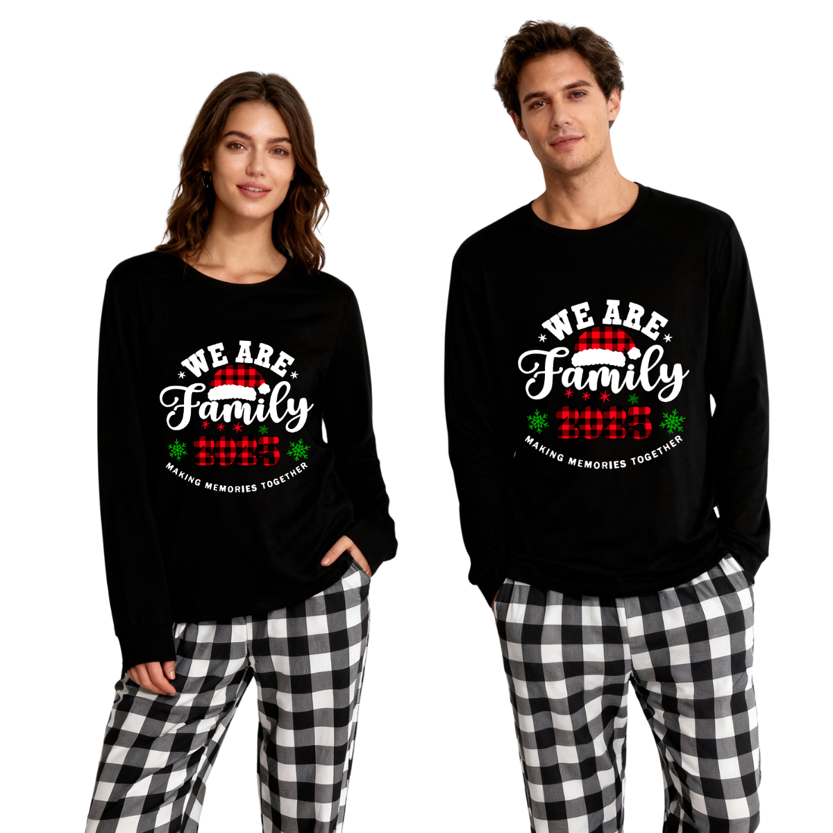 "We are Family2025" Santa Hat Monogram Print Black Long Sleeve Top with Black And White Plaid Pants Family Matching Pajamas