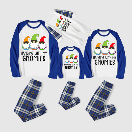 Hanging With My Gnomies Family Pajamas Set - White Top, Blue Plaid Pants, Blue Solid Sleeves, Gnomes Print