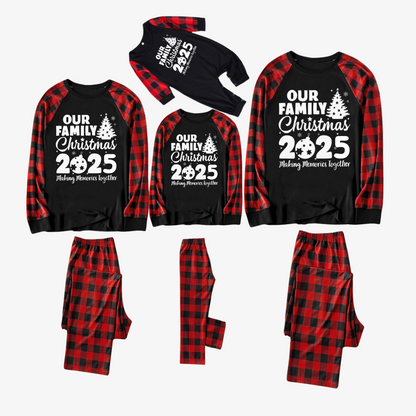 Christmas Tree & "2025 Making Memories Together" Patterned Contrast top and Black & Red Plaid Pants Family Matching Pajamas Set