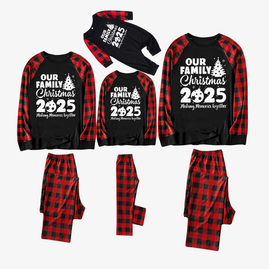 Christmas Tree & "2025 Making Memories Together" Patterned Contrast top and Black & Red Plaid Pants Family Matching Pajamas Set