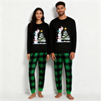 Christmas Family Matching Pajamas-Black Top and Green Plaid Pants Pjs Set with Snowman Cartoon Print