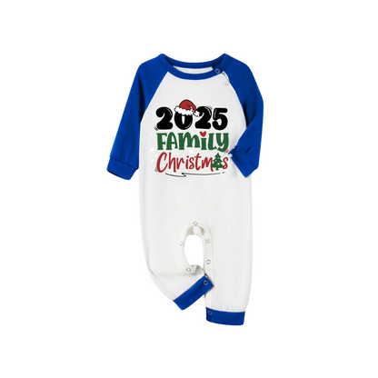2025 Family Christmas Pajamas Set - White Top Blue Sleeves Blue Plaid Pants Green and Red Text Graphic