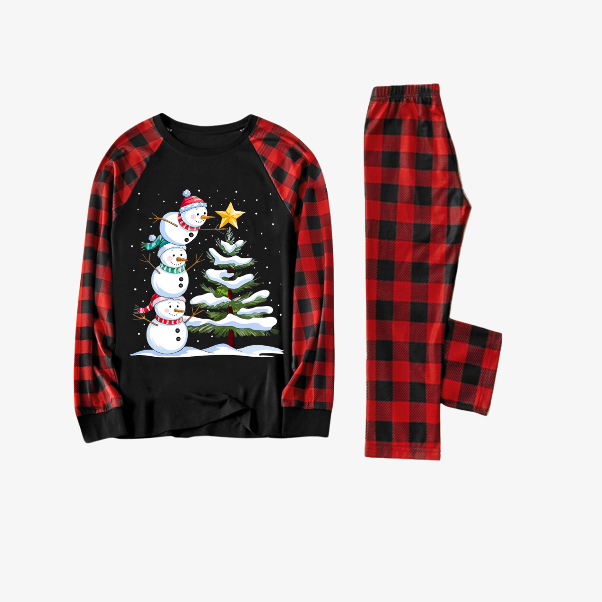 Red and Black Plaid Christmas Pajamas Set with Snowman & Christmas Tree Print