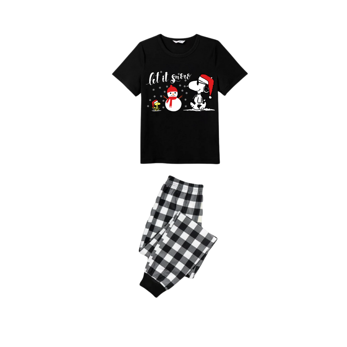 Let it Snow Snoopy Family Christmas Pajamas Set - Black Top Black and White Plaid Pants White Text Graphic