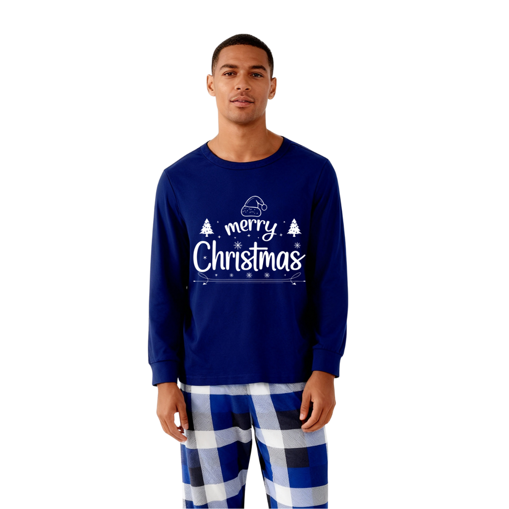 "Merry Christmas" Text Printed Blue and White Plaid Family Matching Pajamas