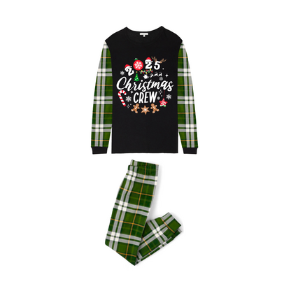 Christmas Crew 2025 Family Pajamas Set - Black Top, Green Pants, Green Plaid Sleeves, Gingerbread Candy Print