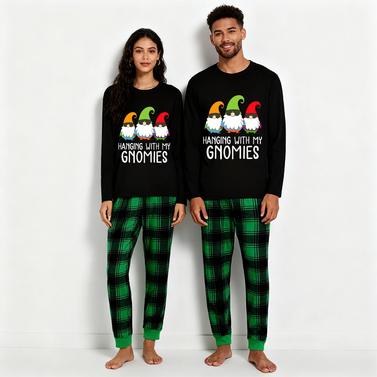 "HANGING WITH MY GNOMIES" Green and Black Plaid Family Matching Pajamas