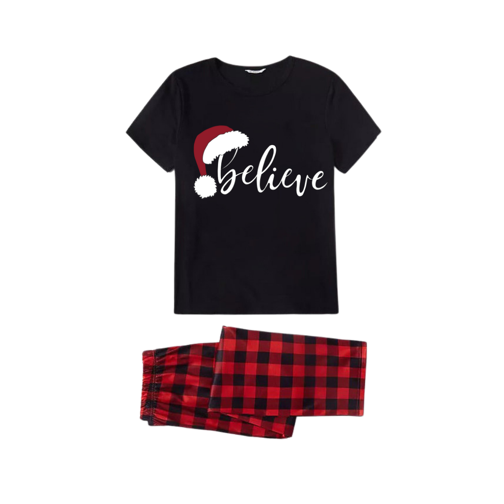 Believe Family Pajamas Set - Black Top Red Pants Red Plaid Sleeves Santa Hat Print