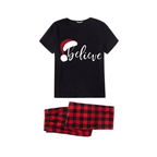 Believe Family Pajamas Set - Black Top Red Pants Red Plaid Sleeves Santa Hat Print