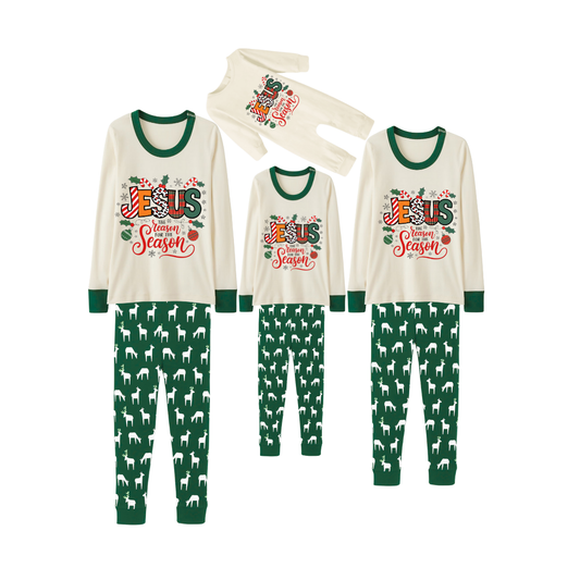 Green Cute Deer Print Christmas Pajamas Set With "Jesus is the Reason for the Season" Text Print