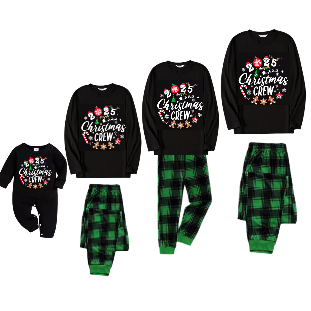 "2025 Christmas Crew" Text Printed Black and Green Plaid Family Matching Pajamas