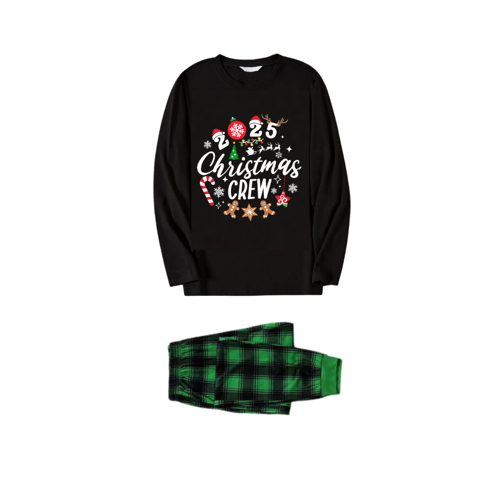 "2025 Christmas Crew" Text Printed Black and Green Plaid Family Matching Pajamas