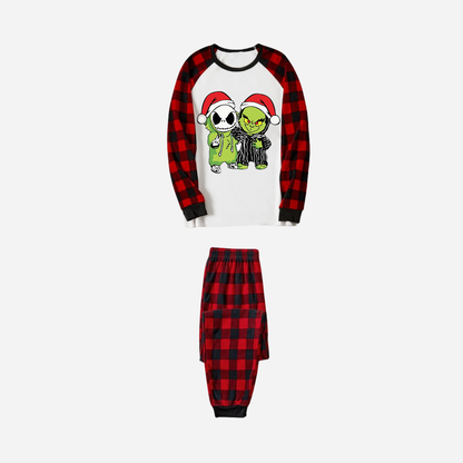 Red and Black Plaid Christmas Pajamas Set With Grinch and Cartoon Pattern Print