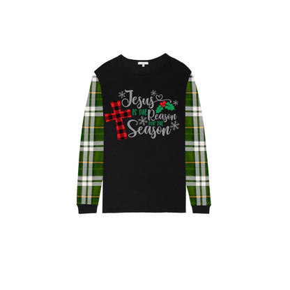 Jesus Is the Reason Family Christmas Pajamas Set  Matching Black & Green Plaid