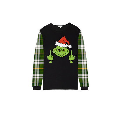 Grinch Santa Middle Finger Family Christmas Pajamas Black Top with Green Plaid Pants
