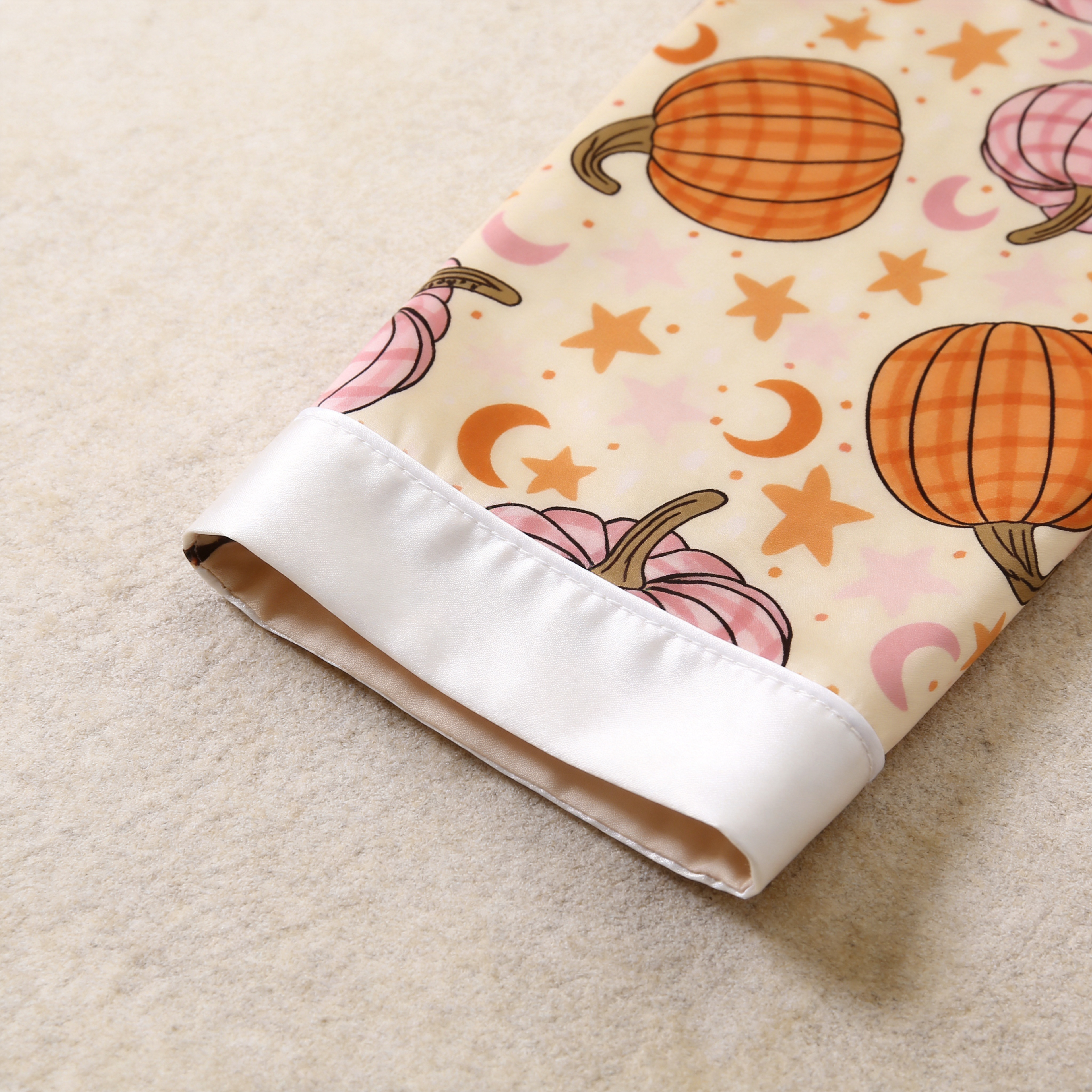 Cute Autumn Pumpkin & Star Print Satin Matching Pajamas for Couples ¨C Long Sleeve Button-Down Top & Pants Sleepwear Set