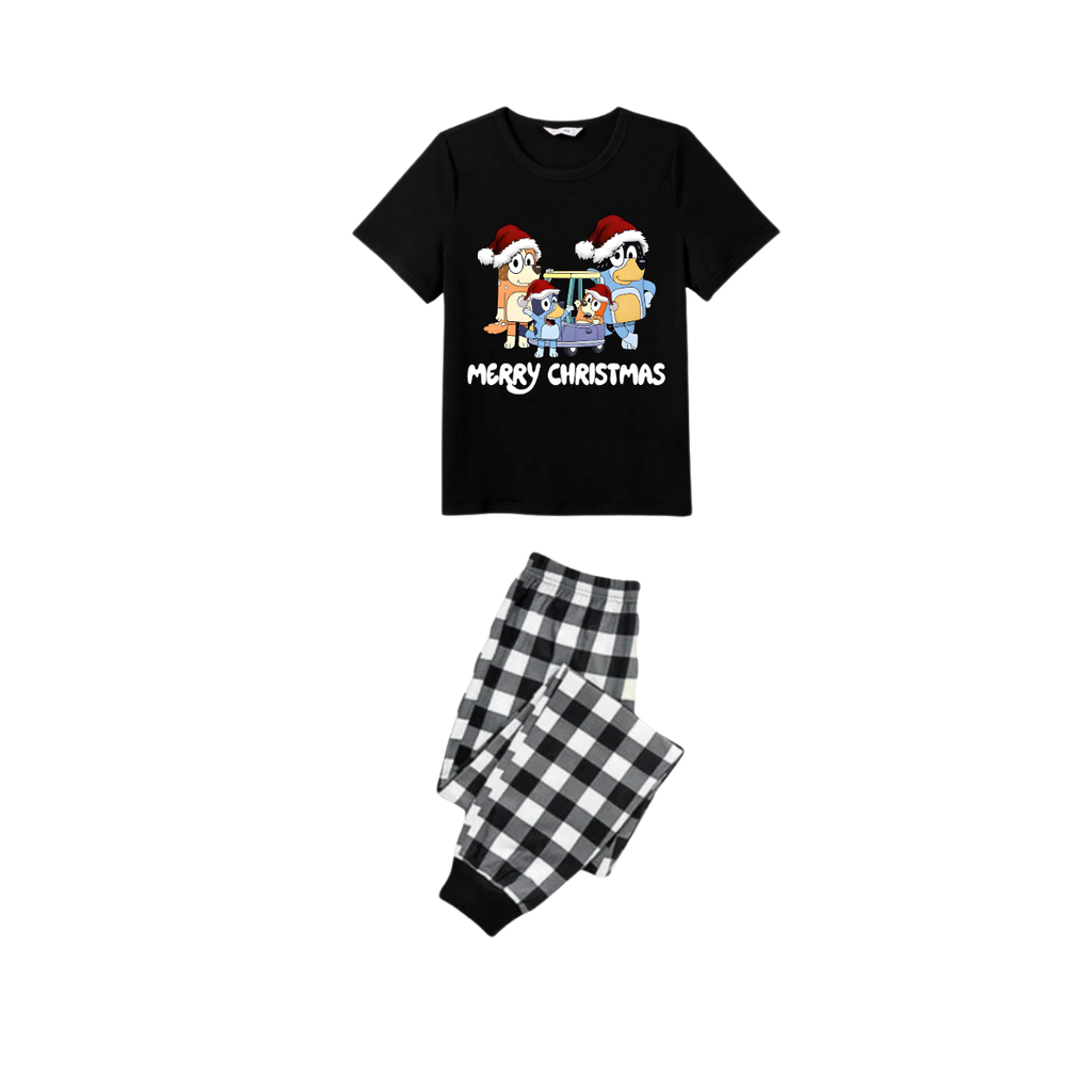 Making Memories Together Family Christmas 2025 Pajamas Set - Black Top Black and White Plaid Pants White Text Graphic