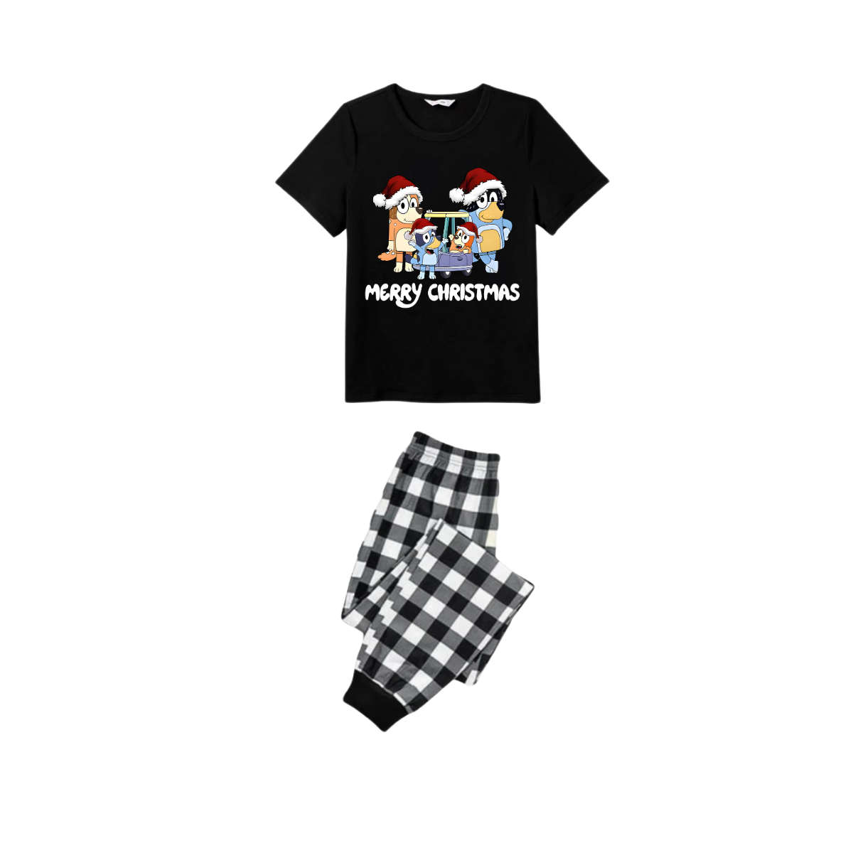 Making Memories Together Family Christmas 2025 Pajamas Set - Black Top Black and White Plaid Pants White Text Graphic