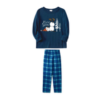 "Let it Snow" Slogan and Snowman Printed Blue Plaid Christmas Family Matching Pajamas