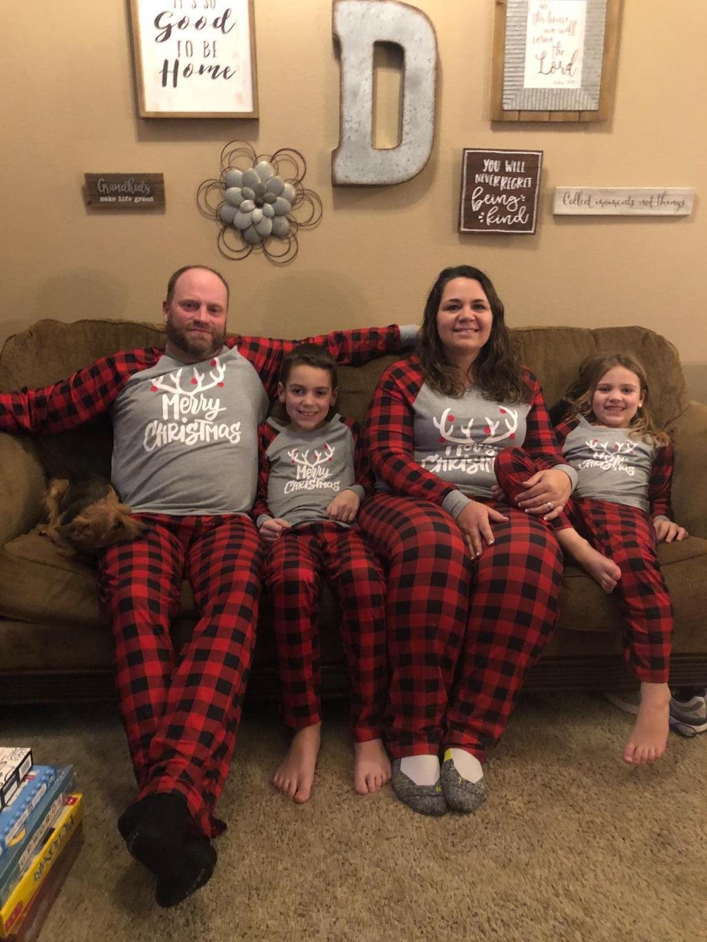 MERRY CHRISTMAS Antler Print Grey Top with Black and Red Plaid Pants Family Matching Pajamas Set