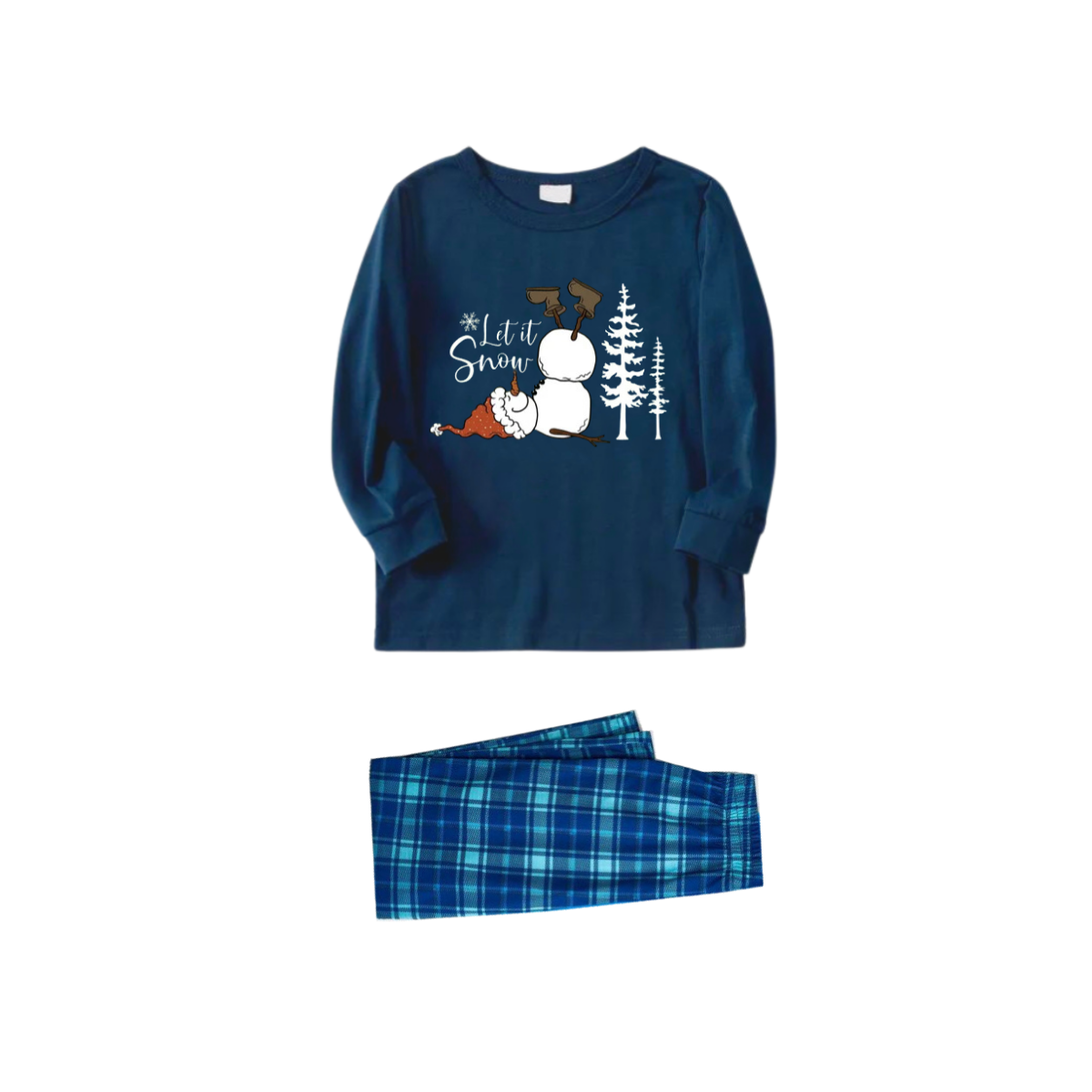 "Let it Snow" Slogan and Snowman Printed Blue Plaid Christmas Couple Matching Pajamas