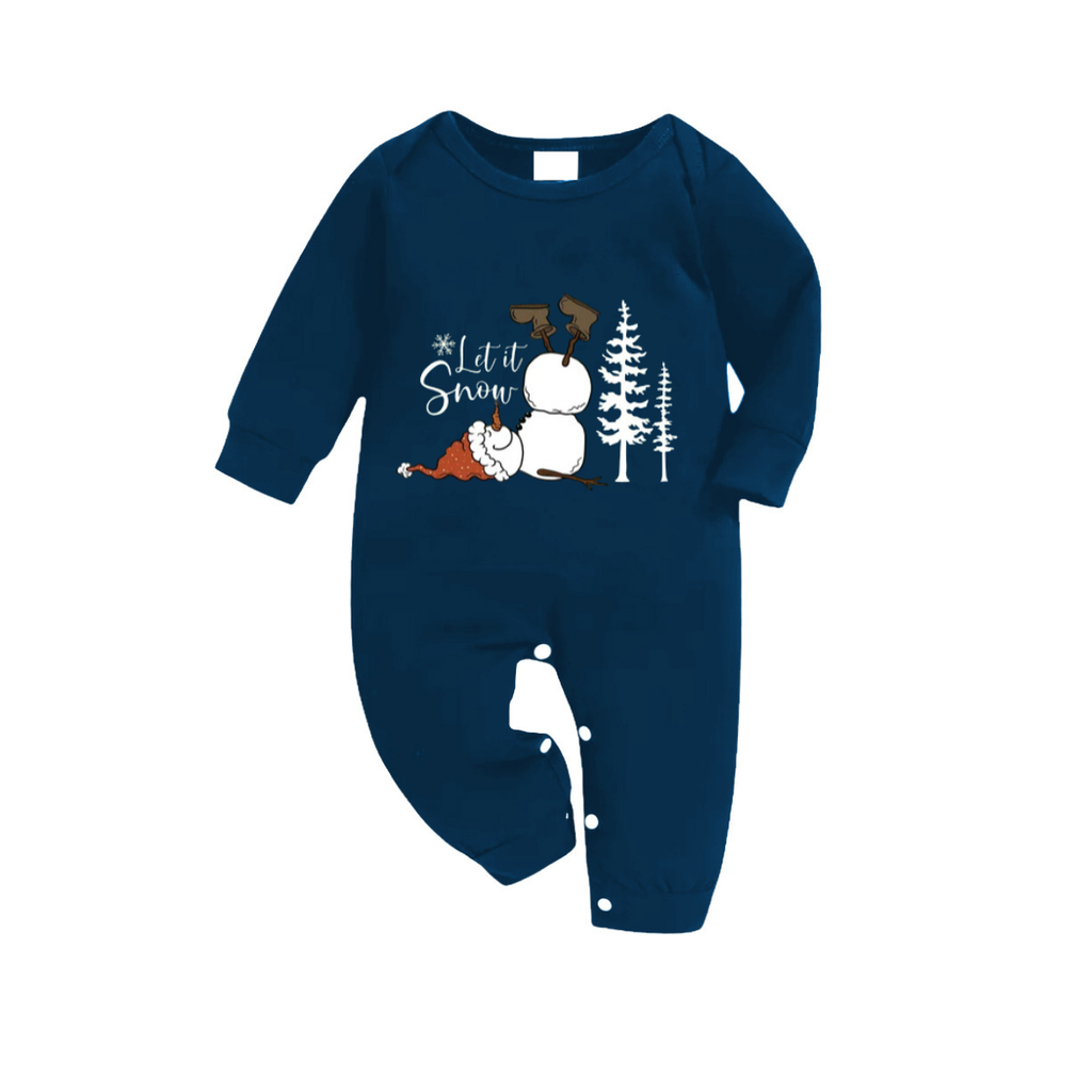 "Let it Snow" Slogan and Snowman Printed Blue Plaid Christmas Matching Pajamas
