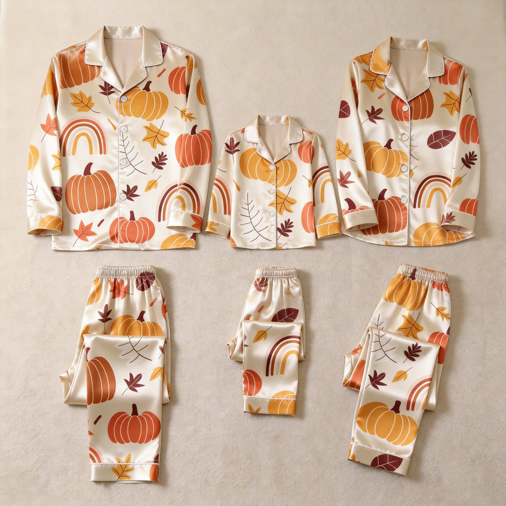 Autumn Pumpkin and Leaf Print Satin Button-Up Family Pajamas Set