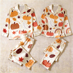 Autumn Harvest Pumpkin & Leaf Print Satin Matching Pajamas for Couples ¨C Long Sleeve Button-Down Top & Pants Sleepwear Set