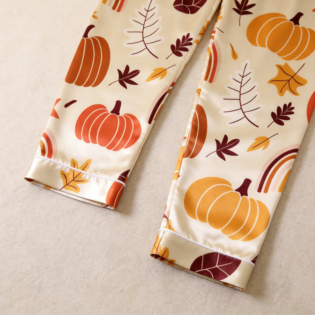 Autumn Pumpkin and Leaf Print Satin Button-Up Family Pajamas Set