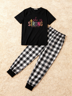 She Is Strong PROVERBS 31:25 Text Printed Black Short Sleeve and Black&White Plaid Pants Family Matching Pajamas Set
