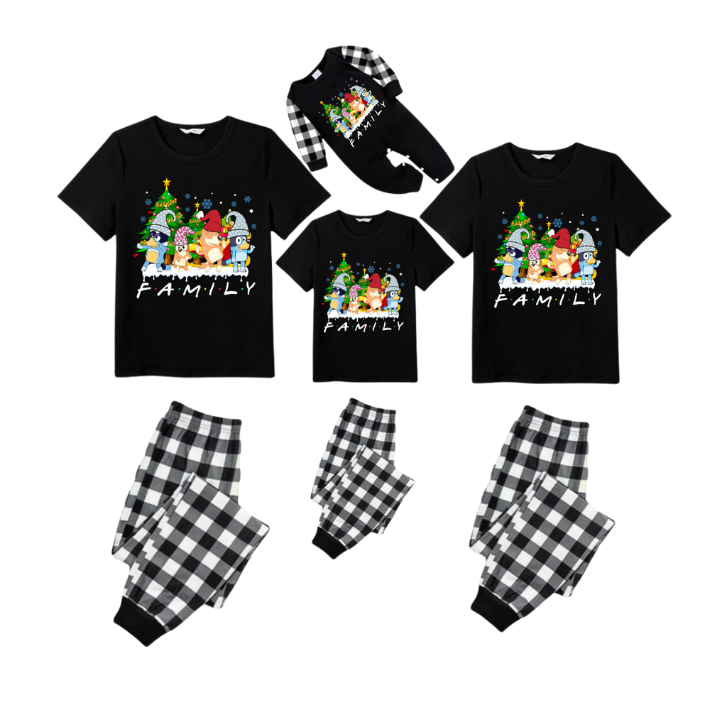 Believe Grinch and Friends Family Christmas Pajamas Set - Black Top Black and White Plaid Pants Festive Graphic